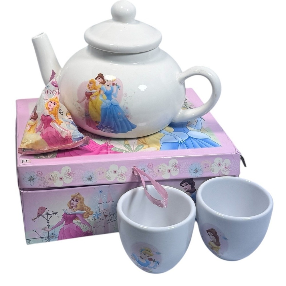 Disney Princess Ceramic Tea Set 2008 FCC Teapot and Two Cups Belle Cinderella